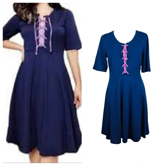Maeve | Dresses | Maeve By Anthropologie Renaissance Navy Fit And Flare  Dress With Purple Lace Up | Poshmark